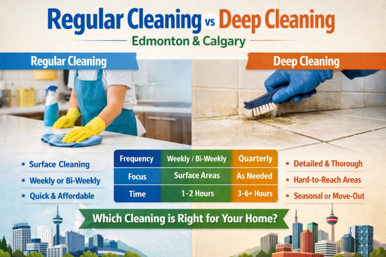 Infographic comparing regular cleaning vs deep cleaning for Edmonton and Calgary homes. Shows tasks, frequency, and time differences, helping homeowners choose the right cleaning service.