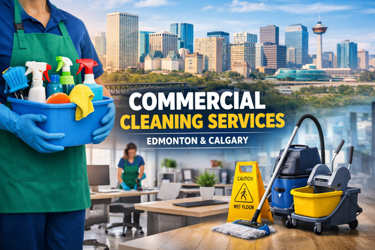 Professional commercial cleaning services in Edmonton and Calgary with cleaner holding supplies in a modern office setting