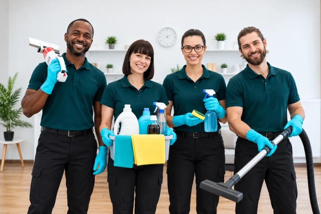 Ecora Cleaning team portrait in uniform with cleaning supplies