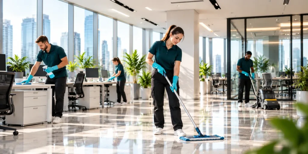 Ecora Cleaning team in uniform cleaning a modern office