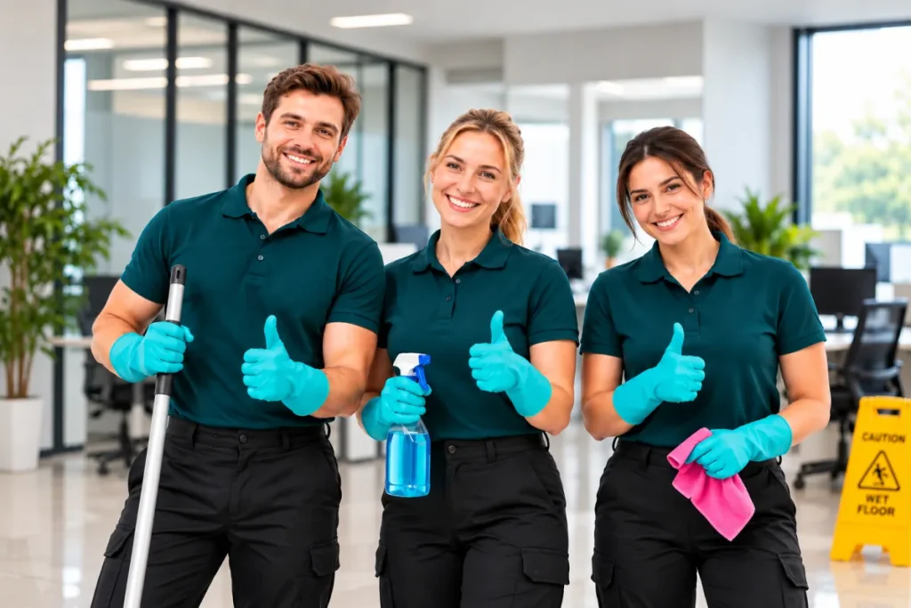 Ecora Cleaning team in uniform giving a thumbs up in an office