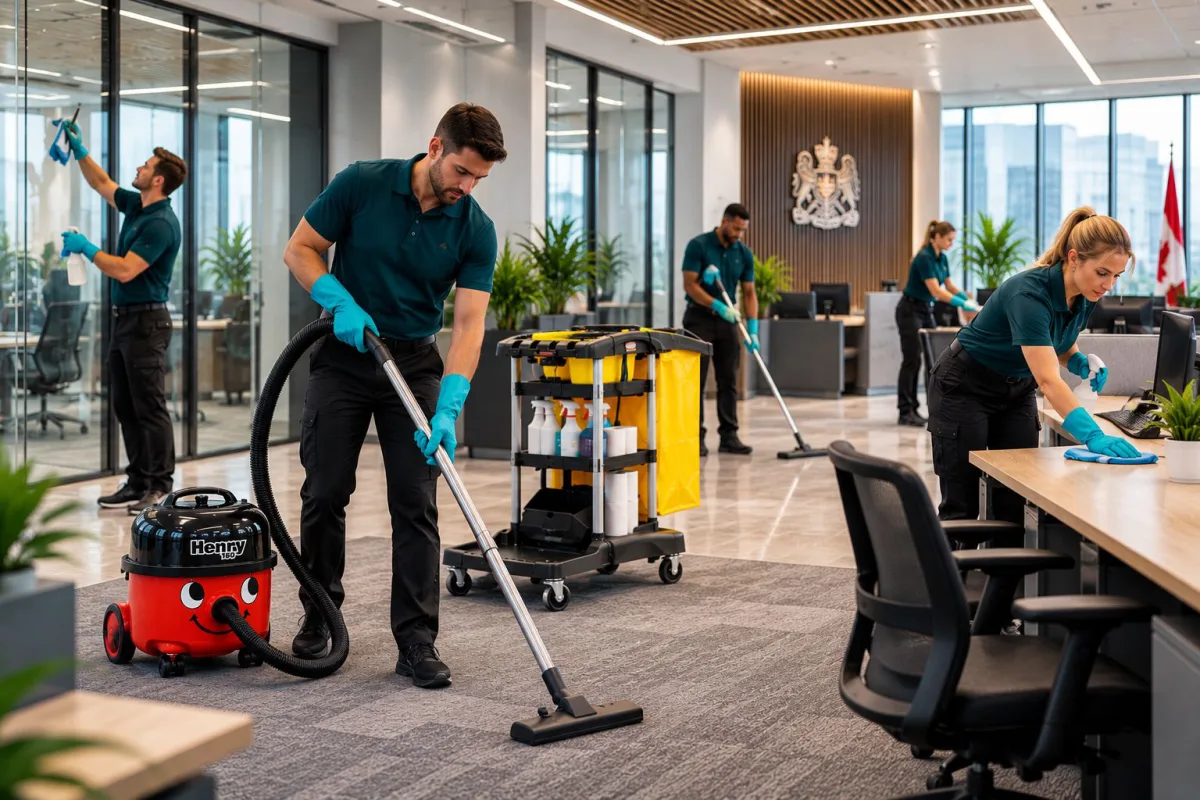 Ecora Cleaning crew in uniform cleaning an institutional office