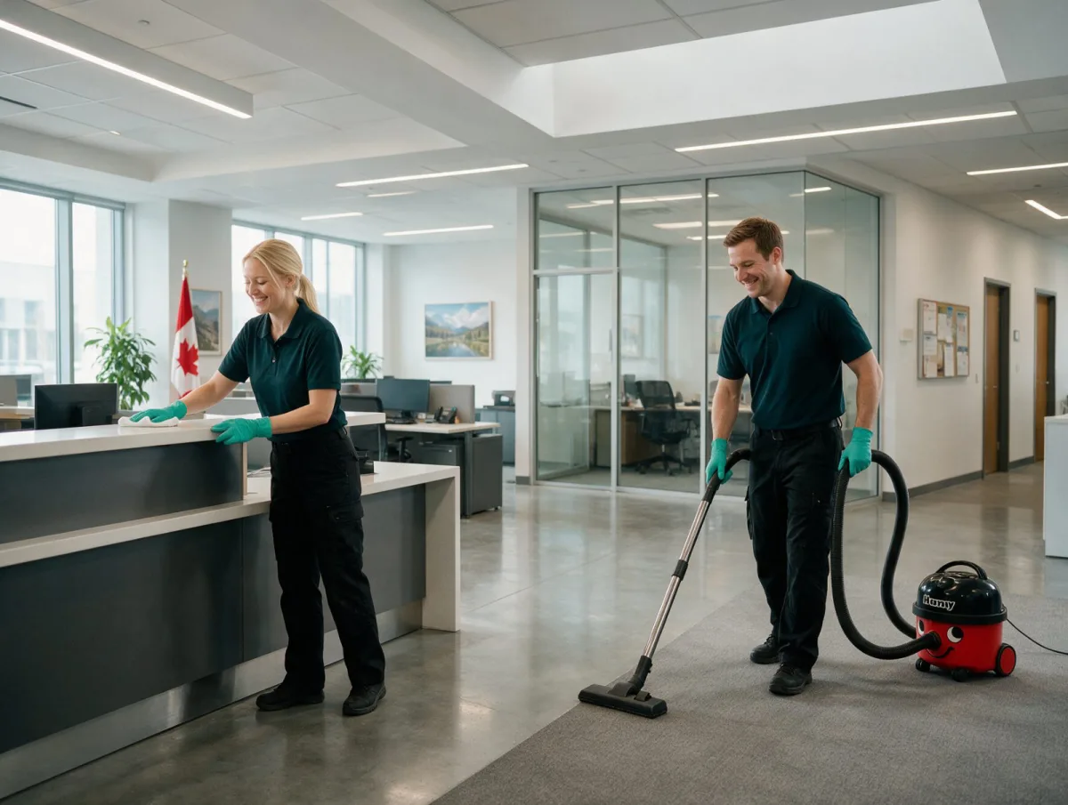 Uniformed cleaner vacuuming office desks in Edmonton Alberta