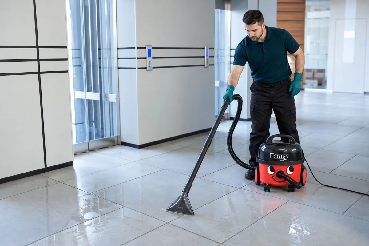 Ecora cleaner vacuuming office lobby Edmonton commercial cleaning